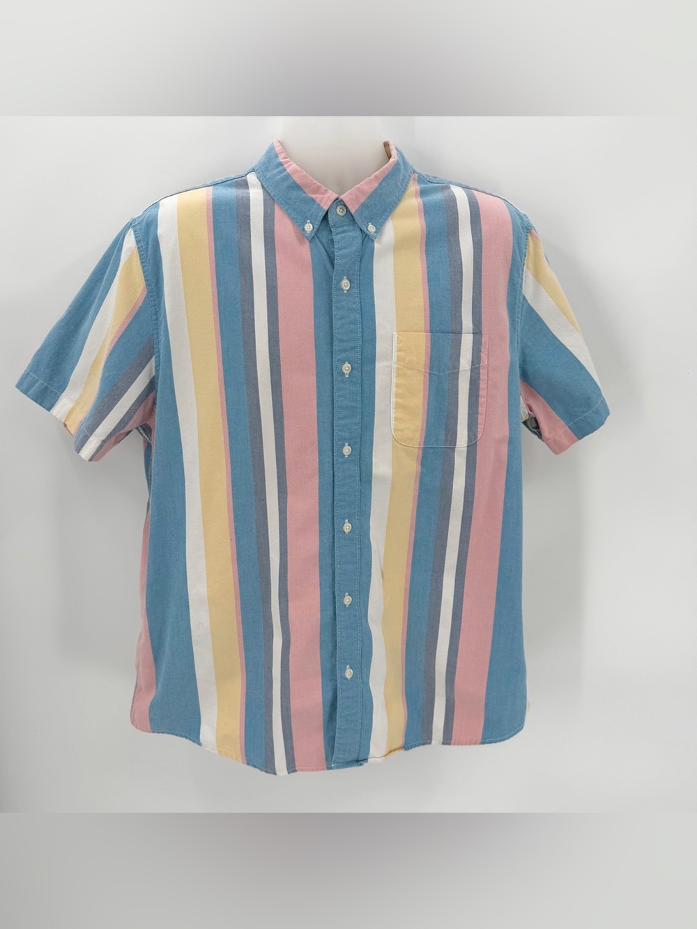 American Eagle Shirt Mens XL Pink Blue Stripe Cotton Short Slv Button Down READ